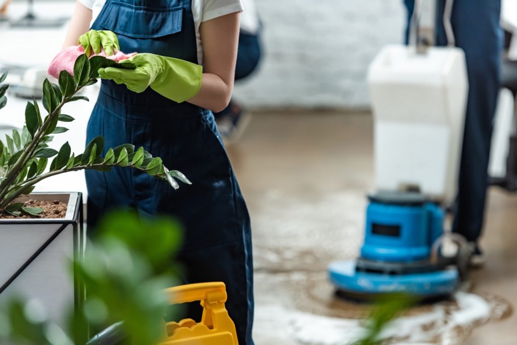 professional commercial cleaning employee wiping down office plants in front of floor cleaning machine